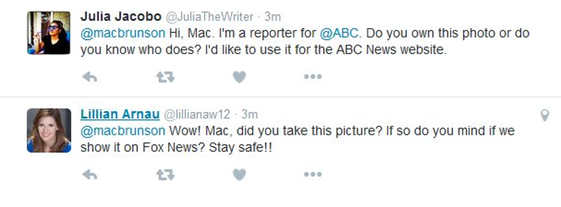 News employees asking to use a fake photo of a shark purporting to be from Hurricane Matthew (Screenshot on Twitter)